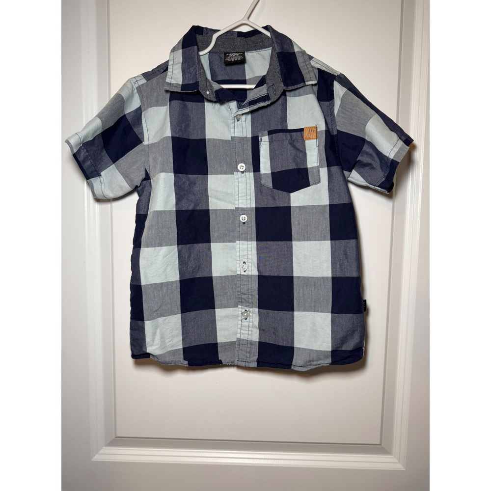 American Hawk Boys Buffalo Plaid Short Sleeve Button Down Shirt Navy Blue 7